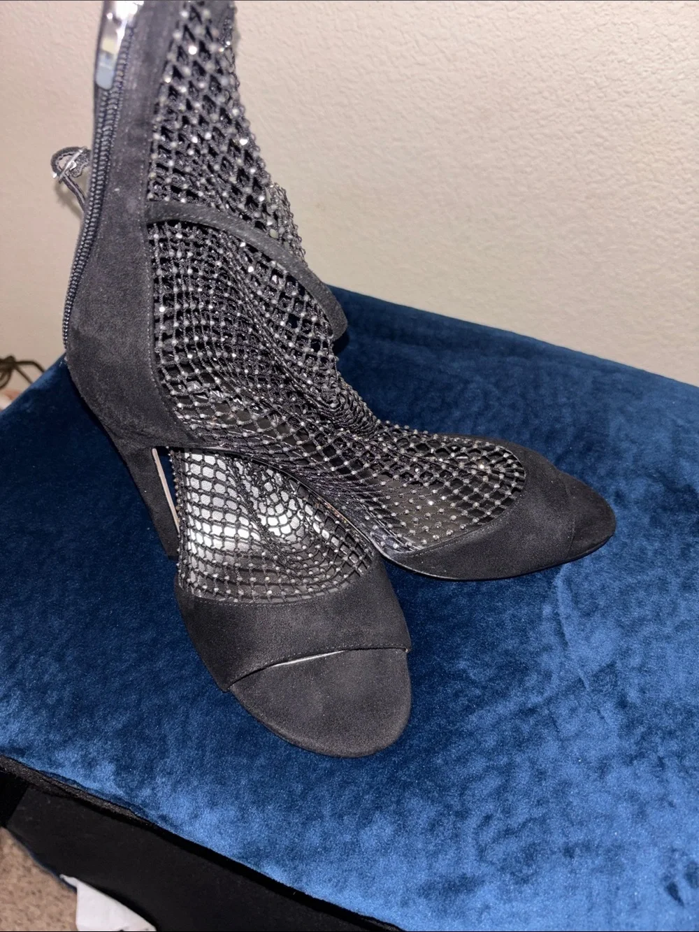 Nine West Black Mesh Rhinestone Ankle Strap Heels